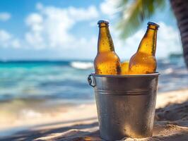 Enjoying cold drinks by the beach under clear blue skies photo