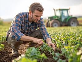 Farmer tending to young crops in field during daylight hours photo