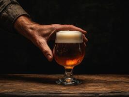 Hand reaching for a glass of amber beer on a wooden table photo