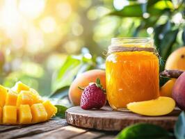 Fresh fruit jam in a sunny garden setting with vibrant colors photo