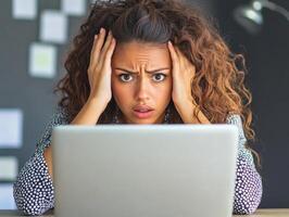 Young woman experiences frustration while working on laptop photo