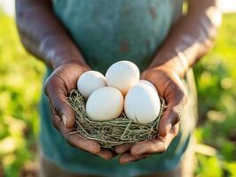 Collecting fresh eggs from a farm in a sunny rural area photo