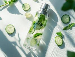 Refreshing cucumber mint drink in glass bottle on white surface photo