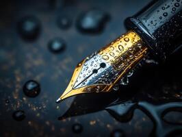 Elegant fountain pen with water droplets reflecting light photo