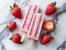 Fresh strawberry popsicles served with whole strawberries photo