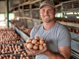 Farmer holds fresh eggs in hand at local farm during daytime photo