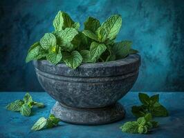 Fresh mint leaves in a stone bowl on a blue background photo