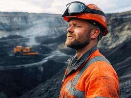 Workers assess mining operations in an open pit extraction site photo