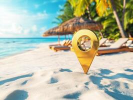 A golden location pin stands in the sand on a beautiful tropical beach photo
