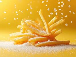Crispy fries topped with sugar against a bright yellow background photo
