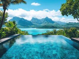Stunning tropical landscape with infinity pool and mountains photo