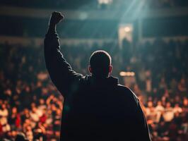 Enthusiastic crowd supports speaker during powerful event photo