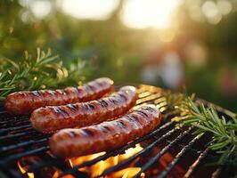Grilling sausages over glowing coals during a summer evening photo