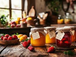 Homemade jams and fresh fruits in a rustic kitchen setting photo