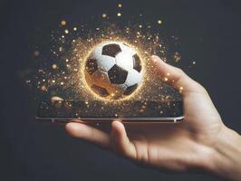 Hand holding smartphone with glowing soccer ball effect photo
