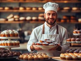 Bakery chef proudly presents delicious pastries and cupcakes photo