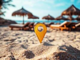 Scenic beach with a location pin in the foreground during daylight photo