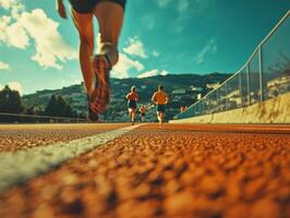 Runners sprinting on a bright track in an outdoor setting photo