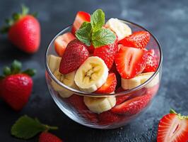 Fresh fruit salad featuring strawberries and bananas in a bowl photo