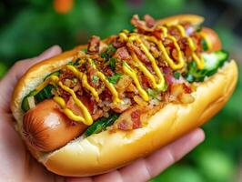 Delicious hot dog topped with bacon and mustard in hand photo