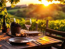 Dining at sunset in a vineyard with wine and grapes photo