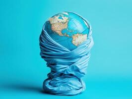 Fabric-wrapped globe on a blue background photo