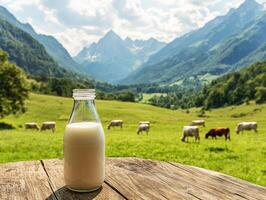 Fresh milk bottle in a serene mountain landscape with grazing cows photo