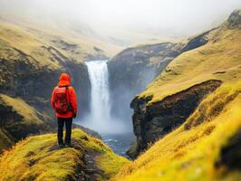 Person admiring a waterfall in a foggy landscape with golden grass photo