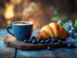 Enjoying a warm croissant and coffee with fresh blueberries photo
