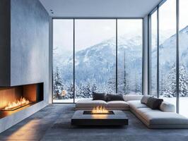 Winter retreat with modern design and cozy fireplace view photo