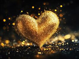 Glittering gold heart shape shines against dark background photo