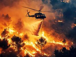Helicopter battling wildfire in forest with flames and smoke photo