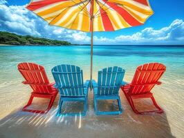 Relaxing beach chairs under a vibrant umbrella by the shore photo