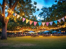 Festive evening gathering in a decorated park photo