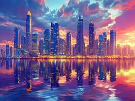 Skyline of a modern city at sunset with colorful reflections photo