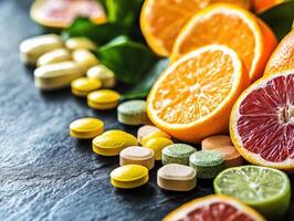 Fresh fruits and colorful vitamins on a dark stone surface photo