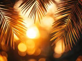 Warm sunlight filters through palm leaves during golden hour photo