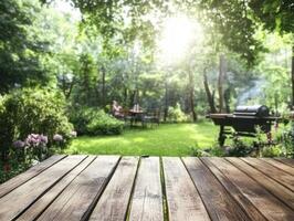 Outdoor gathering in a lush garden with grilling and sunlight photo