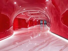 Modern red corridor with glossy walls and bright lighting photo