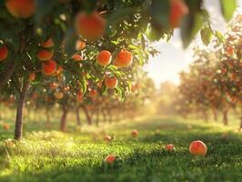 Sunshine illuminates orange orchard with ripe fruit in late afternoon photo