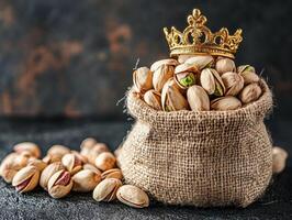 Pistachios in a decorative sack topped with a golden crown photo