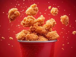 Crispy fried chicken pieces flying from a red bucket photo