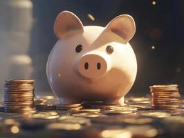 Piggy bank surrounded by coins on a shiny surface at dusk photo