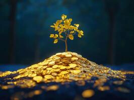 Golden tree growing from a pile of coins amidst a dark background photo