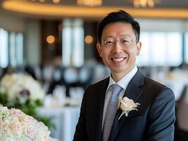 Man in formal attire smiling at a wedding reception venue photo