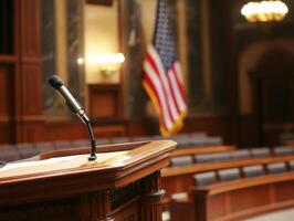 Courtroom setting with podium and United States flag in view photo