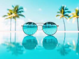 Colorful sunglasses reflect a tropical pool setting with palm trees photo