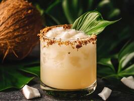 Refreshing coconut cocktail with a tropical touch in a lush setting photo