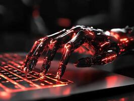 Futuristic robotic hand typing on a glowing keyboard photo