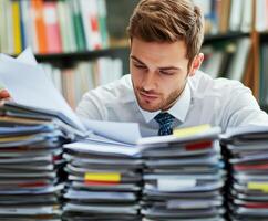 Professional analyzes paperwork for important project deadlines photo
